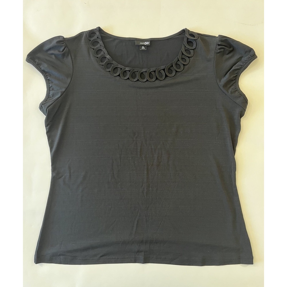 East 5th Womens Top XL Black Poly Span Braid Accent Neckline Cap Sleeve Boho